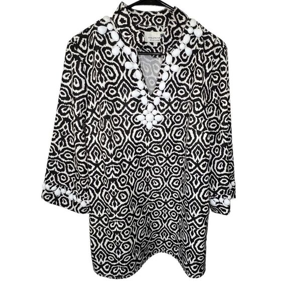 NWT Liz Lange Black and White Patterned 3/4 Sleeve Blouse With Large White Beadi - Picture 1 of 6